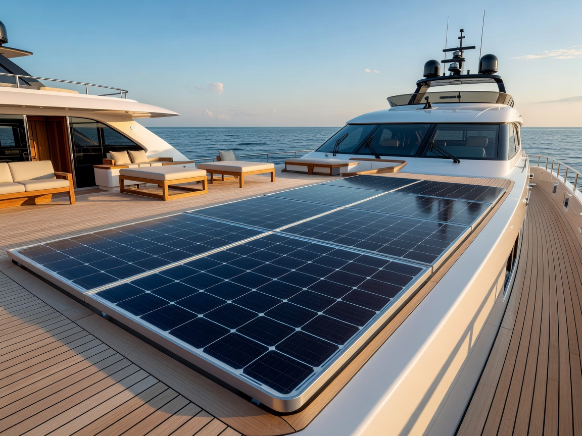 Photovoltaic solar cells installed on luxury yacht top deck