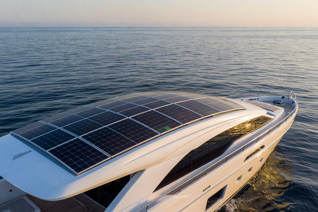 Solar Panel arrays on yacht deck reflecting sun